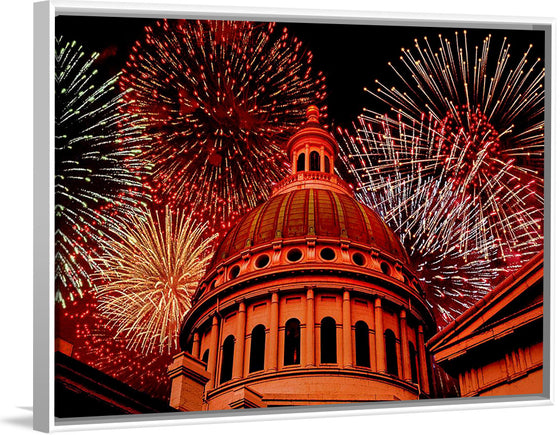 "Fireworks above courthouse building, USA"