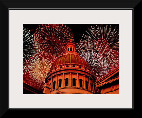 "Fireworks above courthouse building, USA"