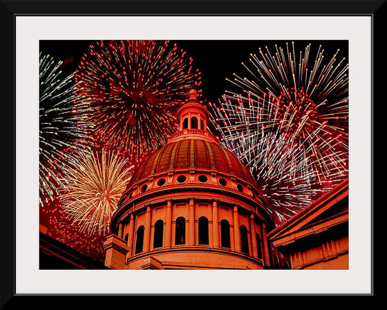 "Fireworks above courthouse building, USA"