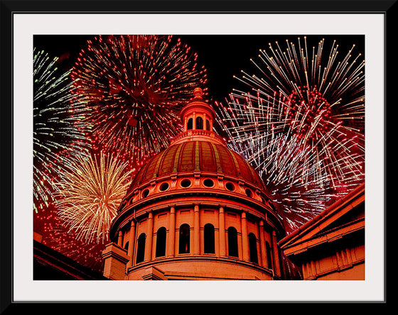 "Fireworks above courthouse building, USA"