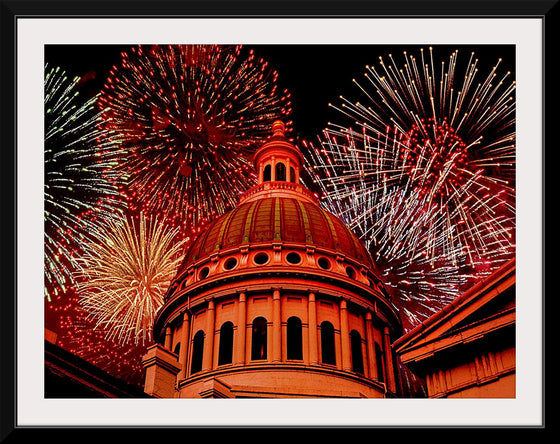 "Fireworks above courthouse building, USA"