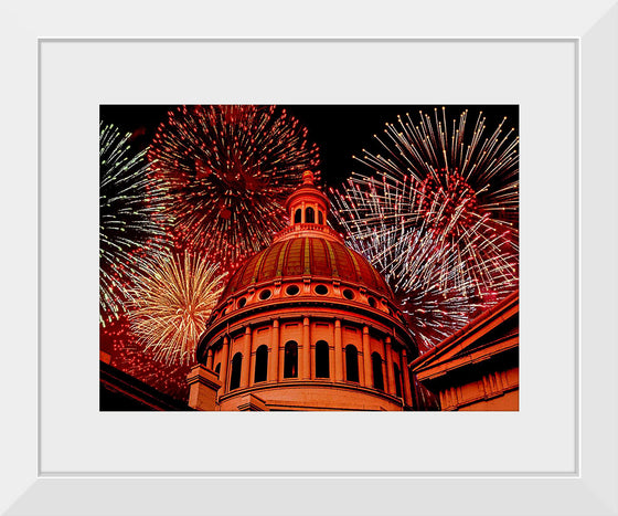 "Fireworks above courthouse building, USA"