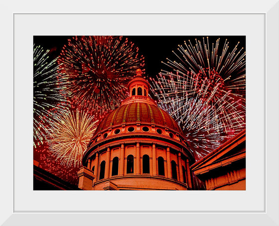 "Fireworks above courthouse building, USA"