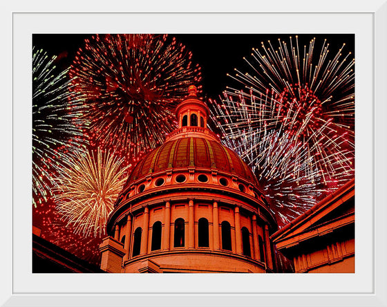 "Fireworks above courthouse building, USA"