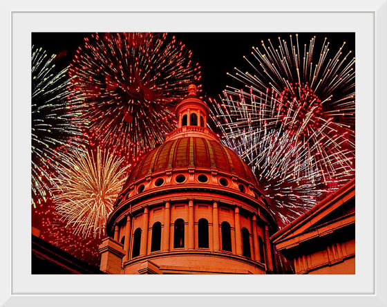 "Fireworks above courthouse building, USA"