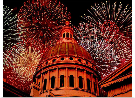 "Fireworks above courthouse building, USA"