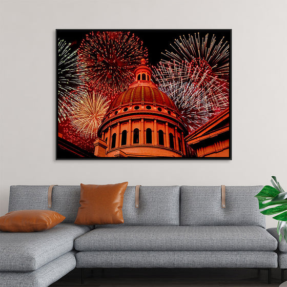 "Fireworks above courthouse building, USA"