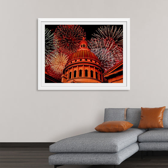 "Fireworks above courthouse building, USA"