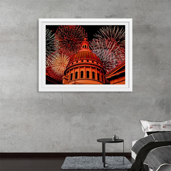 "Fireworks above courthouse building, USA"