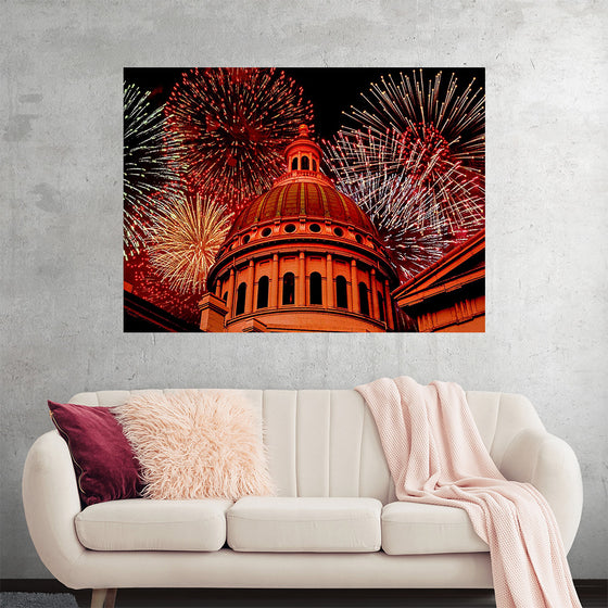 "Fireworks above courthouse building, USA"