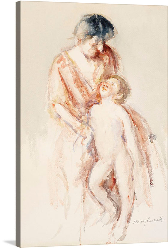 “Woman with Nude Boy at Her Left” by Mary Cassatt is an exquisite portrayal of maternal tenderness and the timeless bond between a mother and child. Cassatt’s masterful brushstrokes capture the delicate interplay of emotions—the woman’s nurturing gaze and the boy’s innocence. 