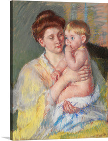  “Baby John with Forefinger in His Mouth” is a beautiful portrait of a mother and child by Mary Cassatt. The painting is an impressionistic masterpiece that captures the love and tenderness between a mother and her child. The mother is wearing a yellow dress and the child is wearing a white dress.
