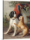 This exquisite artwork captures a tender moment between two dogs amidst a serene natural backdrop. The black and white dog, with its glossy coat and expressive eyes, stands majestically, embodying grace and elegance. Beside it, a golden-hued dog reaches out in a playful or affectionate gesture. 