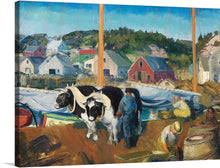  “Ox Team, Wharf at Matinicus” is a stunning oil painting by George Wesley Bellows that captures the essence of rural coastal life. The painting depicts a bustling scene at a wharf, where workers are engaged in various activities such as mending nets and handling barrels. The foreground features an ox team, with two oxen yoked together being led by a person. 