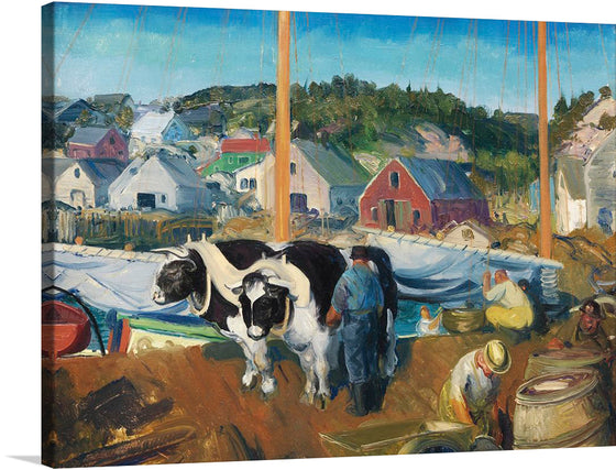 “Ox Team, Wharf at Matinicus” is a stunning oil painting by George Wesley Bellows that captures the essence of rural coastal life. The painting depicts a bustling scene at a wharf, where workers are engaged in various activities such as mending nets and handling barrels. The foreground features an ox team, with two oxen yoked together being led by a person. 