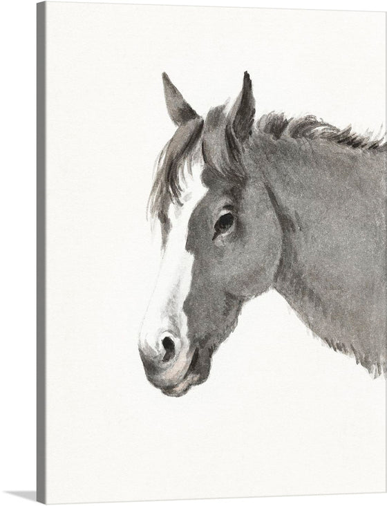 This captivating portrayal of a horse is captured in exquisite detail. The artist masterfully employs a monochromatic palette to breathe life into this stunning horse, each brush stroke revealing the animal’s majestic and gentle nature. Set against a pristine white backdrop, the horse emerges with an ethereal presence, its eyes reflecting a soulful depth that beckons viewers into a moment of serene connection.