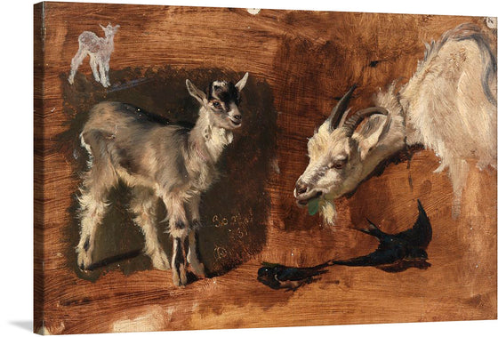 “Goats” by Eliphalet Fraser Andrews is a captivating artwork that brings the charm of these animals to life. Rendered in an impressionistic style, the painting features three goats both standing and one in the background.