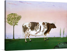  Immerse yourself in the serene beauty of this exquisite artwork, now available as a premium print. The centerpiece, a majestic cow adorned with a rich tapestry of white and brown hues, stands gracefully against the backdrop of a tranquil landscape. The sky, painted with gentle gradients of blue and pink, signifies the calmness of dusk, while the scattered clouds add depth to the scene. 