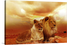  Immerse yourself in the majestic beauty of “Lions Resting,” a limited edition print capturing the regal presence of a lion and lioness against the backdrop of an awe-inspiring sunset. The artwork, rich in warm golden and amber hues, evokes a sense of tranquility and reverence for nature’s grandeur. Every detail, from the lions’ expressive gaze to the ethereal skies, is meticulously rendered to transport you to a world where nature’s majesty reigns supreme. 