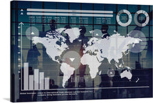  This print, titled “Global Business”, is a sleek and modern representation of international commerce. The artwork features a white world map set against a dark blue, grid-like background. Overlaid on the map are various graphs and charts in shades of blue and gray, creating a dynamic and tech-savvy feel. 