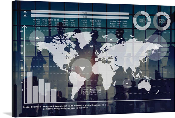 This print, titled “Global Business”, is a sleek and modern representation of international commerce. The artwork features a white world map set against a dark blue, grid-like background. Overlaid on the map are various graphs and charts in shades of blue and gray, creating a dynamic and tech-savvy feel. 