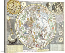  Step into a world of discovery with this captivating vintage celestial map print. This intricate artwork is not just a visual delight but an ode to the explorers and astronomers of yesteryears. The central circular map is surrounded by richly detailed diagrams and illustrations, including celestial bodies, intricate zodiac signs, and scientific tables that evoke the mysteries of the universe as understood in ancient times.