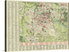  Immerse yourself in the intricate details of the “PHARUS-PLAN OF BRESLAU,” a vintage map print that captures the essence of historical Breslau with impeccable precision. Each street, park, and landmark is meticulously illustrated, offering a glimpse into the city’s rich past. The harmonious blend of muted greens and reds evokes a sense of nostalgia, making this artwork not just a piece of decoration but a conversation starter. 