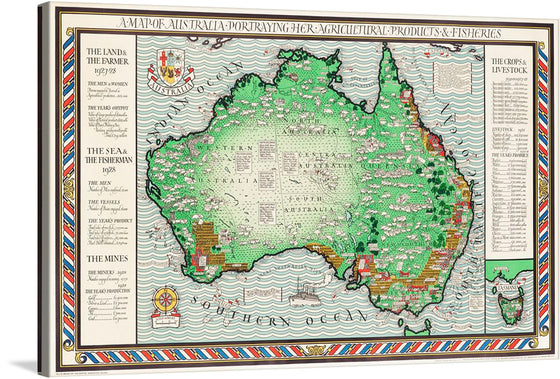 “A Map of Australia (1930)” by MacDonald Gil is a captivating print that encapsulates the essence of Australia’s agricultural and fisheries landscape during the early 20th century. The artwork’s intricate designs, coupled with historical annotations, make it not just a piece of art but a narrative waiting to unfold.