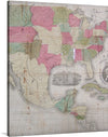 1854 map of the United States, in somewhat worn condition. Has insert engravings of George Washington and the United States Capitol. This map also shows Mexico, Central America, and Cuba.