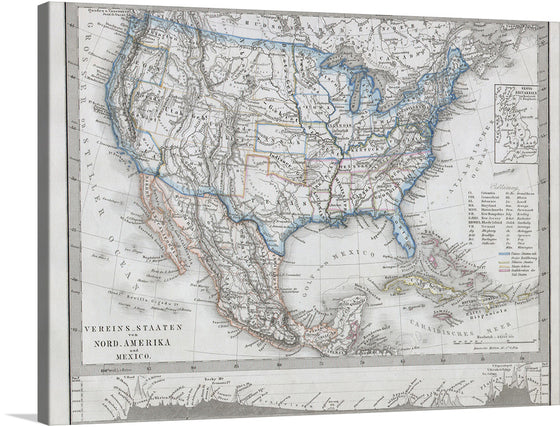 This fascinating 1862 map by Justus Perthes and Stieler depicts the United States, Mexico and the West Indies. Made at the height of the Civil War, this map separates the Union and Confederate States. The Union is Blue – as is the whole. The Confederate states are pink. Undeclared states and territories are depicted in Yellow. In cartographic flourish unique to Perthes, land profiles decorate the bottom of the map. 