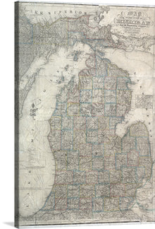  Step into the past with this stunning print of an antique map of Michigan. This artwork captures the intricate details and historical charm of a bygone era. The faded hues, elegant typography, and detailed cartography tell a story of a time long past, yet ever-present in the rich tapestry of history.