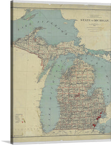  Step back in time with this exquisite print of the State of Michigan map from 1888. This piece captures the rich history and intricate details of a bygone era. The muted tones and vintage aesthetics transport you to a time when every town, city, and lake was a new discovery. 