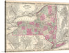 This is A. J. Johnson’s beautifully hand colored first edition 1864 map of New York. This map shows cities, topographical features, railways, ferries and roads with color coding at the county level. Insets of Oswego, Buffalo, Rochester, Syracuse, Albany, Troy, and New York City surround the main map. Noting that a good number of his subscribers were from New York, Johnson made replacing the single page map of New York State he inherited from Colton was one a top priority. 