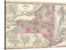  This is A. J. Johnson’s beautifully hand colored first edition 1864 map of New York. This map shows cities, topographical features, railways, ferries and roads with color coding at the county level. Insets of Oswego, Buffalo, Rochester, Syracuse, Albany, Troy, and New York City surround the main map. Noting that a good number of his subscribers were from New York, Johnson made replacing the single page map of New York State he inherited from Colton was one a top priority. 