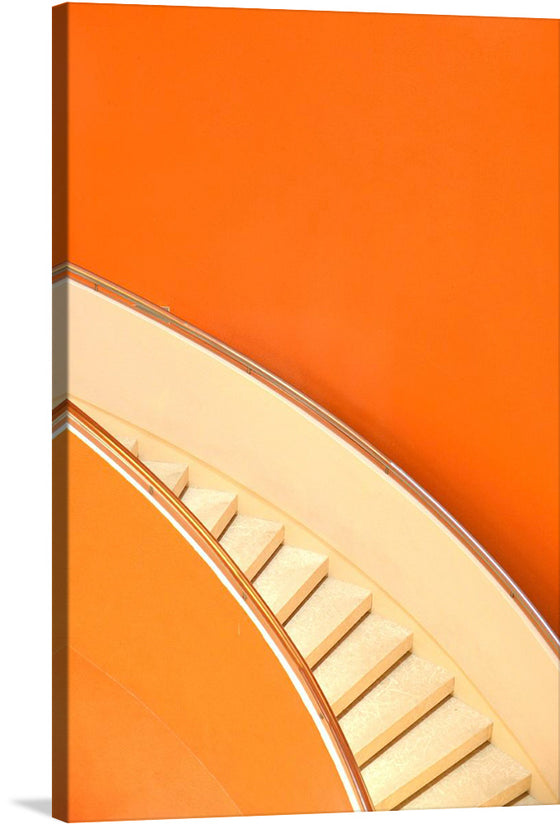 This captivating print, titled “Dance of Color and Form,” is an exquisite blend of architecture and art. It features a modern staircase set against a vibrant orange backdrop, creating a striking contrast that is both stark and harmonious. The soft light bathing each step invites viewers into a mesmerizing interplay of space, color, and form. 