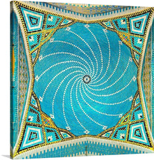  Immerse yourself in the mesmerizing swirls of azure and turquoise that dance harmoniously across this exquisite print. Every intricate detail, from the hypnotic central spiral to the ornate border adorned with geometric patterns, promises to transport you to a world of serene elegance. 