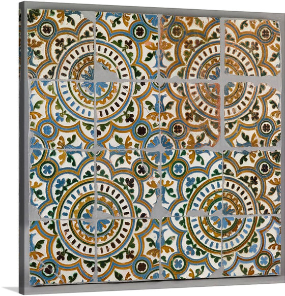 “Tiles (first half 16th century)” is a captivating journey back in time, where artistry and history intertwine. These exquisite tiles, born during the emergence of modern Europe, evoke the grandeur of the Renaissance. Each tile is a canvas of intricate patterns—circles, florals, and geometric wonders—rendered in a rich palette of azure blues, earthy browns, and lush greens. 