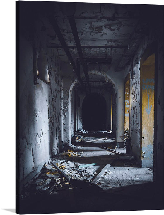 Dive into the enigmatic allure of “Echoes of Silence,” a limited edition print capturing the haunting beauty of abandonment and decay. This artwork, featuring an abandoned corridor bathed in ethereal light, tells a story of a time long past. Every crack in the paint, every piece of debris echoes the silent songs of lives once lived here. The darkened archway at the end adds an element of intrigue, inviting viewers into a world where mystery and melancholy intertwine.