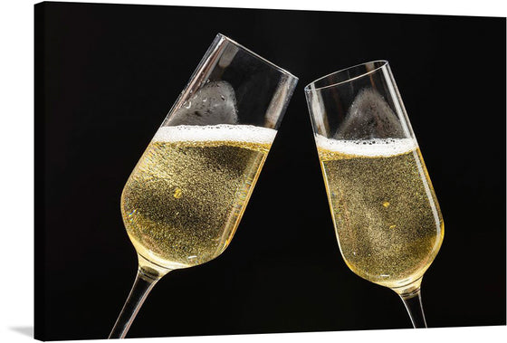 Capture the effervescence and allure of celebration with this exquisite print, featuring two champagne flutes mid-clink. Their golden contents bubble with life against a dramatic black backdrop. The play of light accentuates the graceful curves of the glasses and the lively dance of bubbles, encapsulating a moment of joy and elegance.