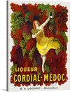 Step into the vibrant world of “Liqueur Cordial-Medoc” with this enchanting art print. The artwork captures a jubilant figure, adorned in a flowing yellow dress, reaching out for a bottle amidst an abundant harvest of lush, colorful grapes. This print is more than just an artwork; it’s an experience that echoes the rich heritage of G.A. Jourde, Bordeaux’s renowned vineyard.