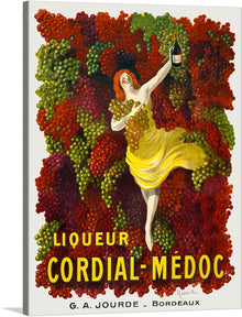  Step into the vibrant world of “Liqueur Cordial-Medoc” with this enchanting art print. The artwork captures a jubilant figure, adorned in a flowing yellow dress, reaching out for a bottle amidst an abundant harvest of lush, colorful grapes. This print is more than just an artwork; it’s an experience that echoes the rich heritage of G.A. Jourde, Bordeaux’s renowned vineyard.