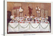  A Supper Buffet for Ball or Reception is a delightful glimpse into Victorian opulence. From the pages of Mrs. Beeton’s Book of Household Management, this exquisite illustration invites us to a grand soirée. Imagine the flicker of candlelight, the rustle of silk gowns, and the clinking of crystal glasses. The buffet overflows with delicacies: plump oysters, savory pies, and towers of pastries.
