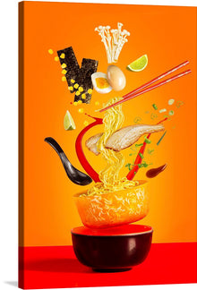  “Bowl of Noodles with Flying Ingredients” invites you to a culinary spectacle where taste and visual art collide. In this mesmerizing print, every golden strand of noodle defies gravity, suspended mid-air against a vibrant orange backdrop. Fresh ingredients—slices of succulent chicken, crisp vegetables, and a meticulously painted butterfly—dance in chaotic harmony. 