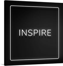  The piece features the word “INSPIRE” illuminated in elegant white typography against a profound black background, encased within a subtle white frame. 