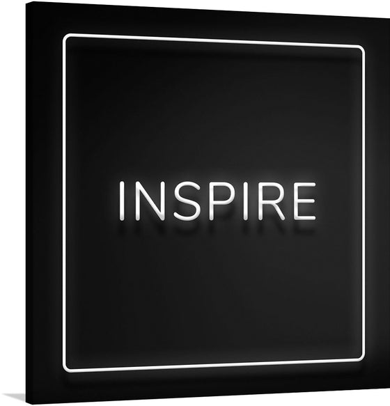 The piece features the word “INSPIRE” illuminated in elegant white typography against a profound black background, encased within a subtle white frame. 