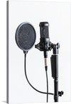 Capture the essence of sound and silence with this exquisite print of a professional studio microphone. Poised and ready for the next performance, the stark contrast between the intricate design of the microphone and the minimalist background evokes a sense of anticipation. 