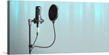  Immerse yourself in the world of music and sound with this captivating artwork. The focal point, a meticulously detailed microphone accompanied by a pop filter, is set against an ethereal backdrop of soft blues and gentle lighting. Every strand of the pop filter and intricate design of the microphone is captured with stunning realism.