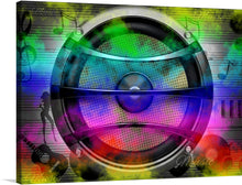  Immerse yourself in the pulsating energy of a live concert with this dynamic print. The artwork features a colossal speaker, illuminated with ethereal hues of green, blue, and purple, seeming to pulse with every beat. Silhouettes of musical notes and instruments, including an electric guitar, dance in the background, creating a symphony of sight and sound.