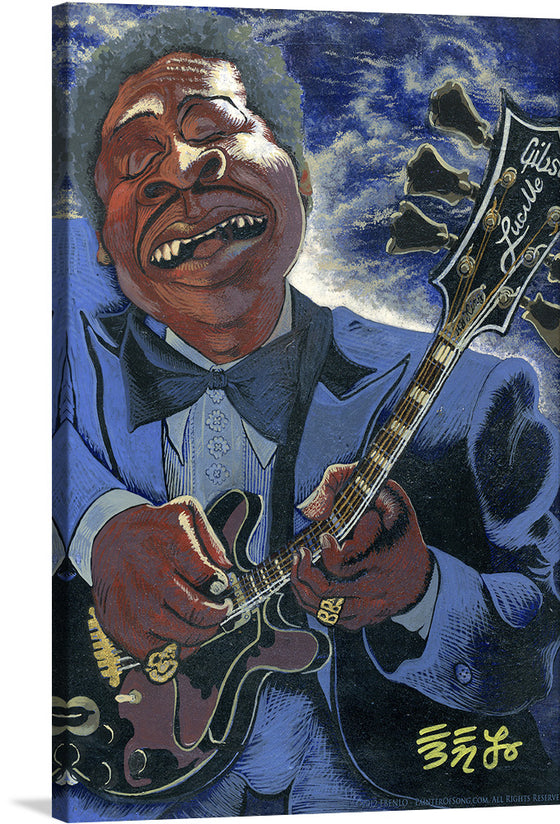 “Finessing Lucille” is a stunning piece of art that captures the essence of blues music. The print features a musician playing a guitar with intricate details and a beautiful blue background. This piece would make a great addition to any music lover’s collection. 