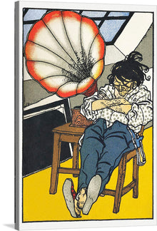 Immerse yourself in the evocative allure of this exquisite artwork. The print captures a moment of introspective solitude, featuring an individual deep in thought, their head resting on one arm. The vibrant yellow floor and the oversized red and white gramophone horn in the background create a striking contrast with the subdued tones of the figure. This artwork is not just a print, but an invitation to a journey into the profound depths of human emotion.